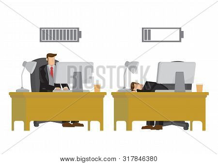 Business Executive In Suit With Battery Indicator To Show His Energy Level, From Fully Charged To Ex