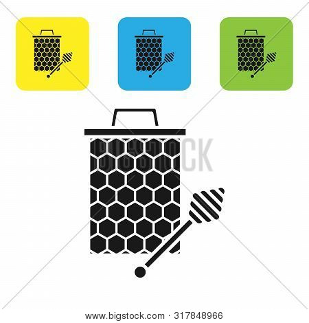 Black Honeycomb With Honey Dipper Stickicon Isolated On White Background. Honey Ladle. Honey Cells S