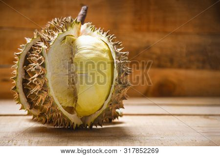 Durian Riped / Fresh Durian Peel Tropical Fruit On Wooden Background On Summer