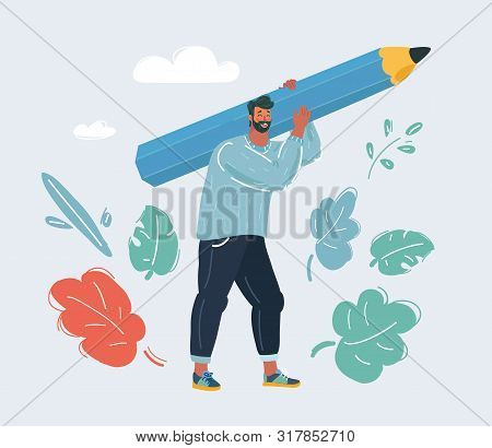 Vector Cartoon Illustration Of Man Hold Big Pencil. Writer, Bloggers, Journalists, Interviewer, Scre