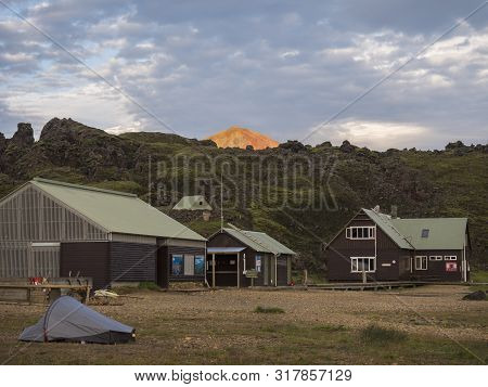 Iceland, Landmannalaugar, July 31, 2019: Landmannalaugar Camp Site Mountain Cottage With View On Bre