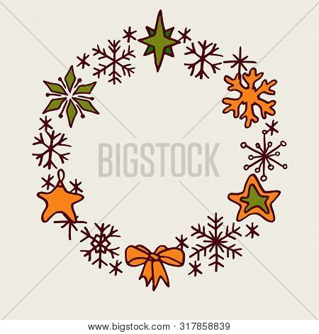 Christmas Hand Drawn Doodle Snowfakes And Stars Wreath. Vector Winter Holiday Blank Frame Illustrati