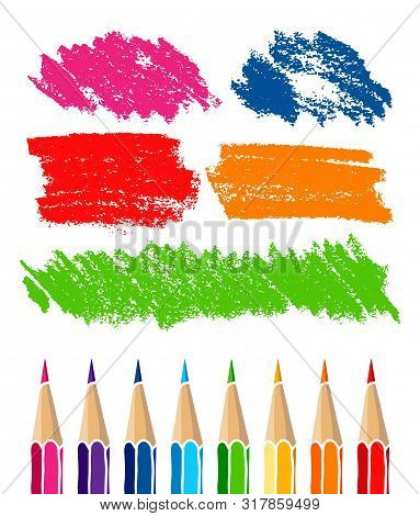 Colored Pencils Set And Hatch Marks. Hand Drawn Vector Doodle Illustration. Colorful Crayons Isolate
