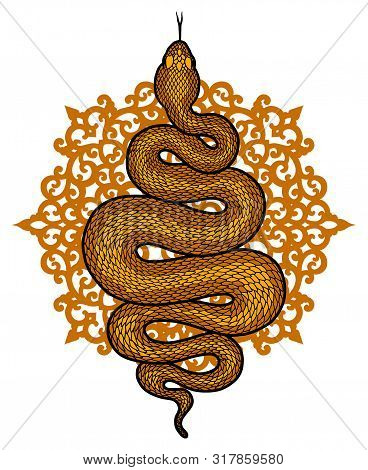 Coiled Snake Over Floral Mandala Detailed Illustration. Brown Tribal Serpent Isolated Over White Bac