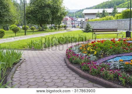Round Flower Bed With Colorful Decorative Flowers And Plants, Garden Bench Stands On The Paving Tile