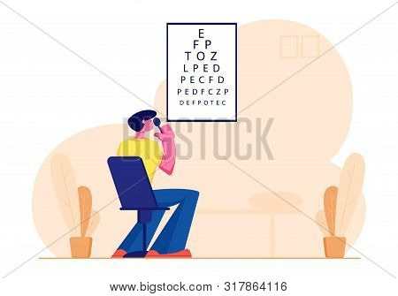 Eyesight Check Up Procedure In Clinic. Man Looking At Test Chart For Vision Checkup. Patient In Ocul