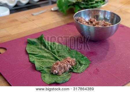 Raw Meat Inside Grape Leaf