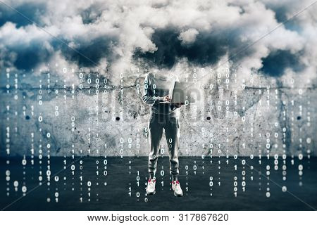 Hacking And Malware Concept With No Face Hacker With Laptop Under Clouds And Binary Code Rain.