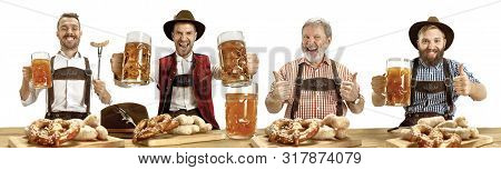 Upper Bavaria. Collage Of Happy Men With Beer And Meat Dressed In Traditional Austrian Or Bavarian C