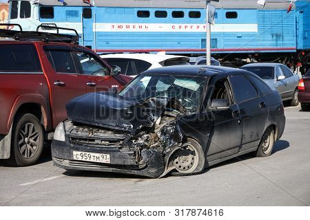 Novyy Urengoy, Russia - August 15, 2019: Crashed Car Lada Priora In The City Street.