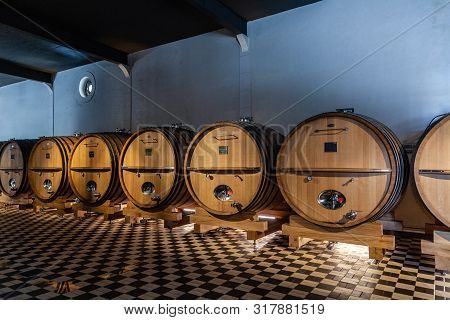 France Lyon 2019-06-21 Rows Giant Wooden Barrels, Aging, Fermentation, Storage In Brocard Wine Cella