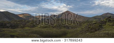 Beautiful Scenic Panorama Of Colorful Brennisteinsalda Mountain In Landmannalaugar Camp Site Area Of