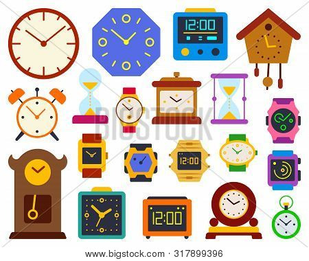 Watch Simple Flat Cartoon Style Set. Clock Sign Collection Includes Stop Watch, Sand Glass, Hourglas