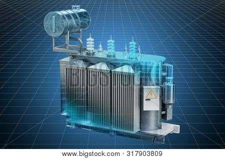 Visualization 3d Cad Model Of Transformer Oil, High Voltage Power Transformer, Blueprint. 3d Renderi
