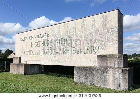 Saint Loup de Varennes - June 22, 2019:  Monument to the memory of Nicephore Niepce . In this village Nicephore Niepce invented photography in 1822 in French language