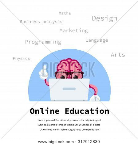 Human Brain Watching Educational Vido On Laptop. Online Education Concept. Flat Style Illustration.