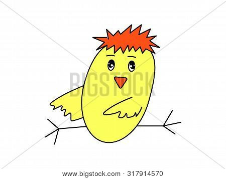 Cartoon Chicks With Spread Wings And Crest. Flat Vector Icon Farm Animals And Birds.
