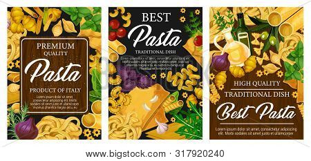 Italian Pasta Food Restaurant Menu And Italy Cuisine Traditional Cooking Spices. Vector Spaghetti, P