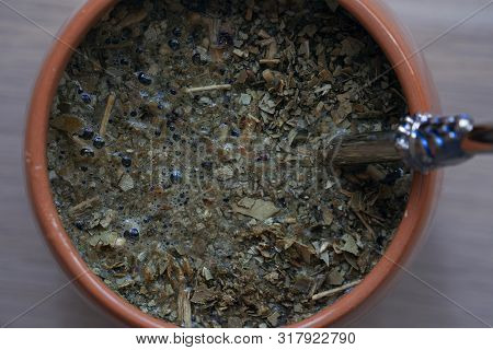 Freshly Brewed Mate In The Calabaza. Close-up.