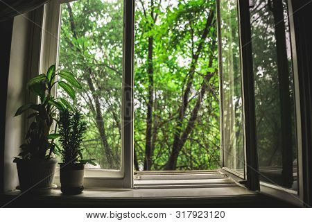Nostalgic Concept, Opened Window In Cozy Walm Home While It Rains Outdoor