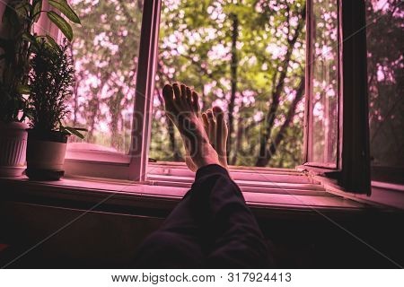 Nostalgic Concept, Opened Window In Cozy Walm Home While It Rains Outdoor