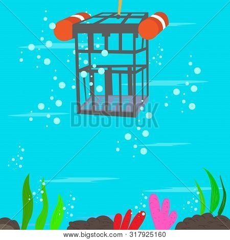 Shark Cage Diving In The Ocean Botton. Scuba Diving Concept - Vector