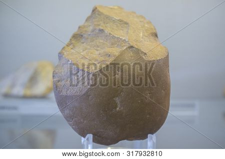Badajoz, Spain - July 17th, 2019: Lower Paleolithic Uniface Tool, Flaked On One Face. Archaelogical 
