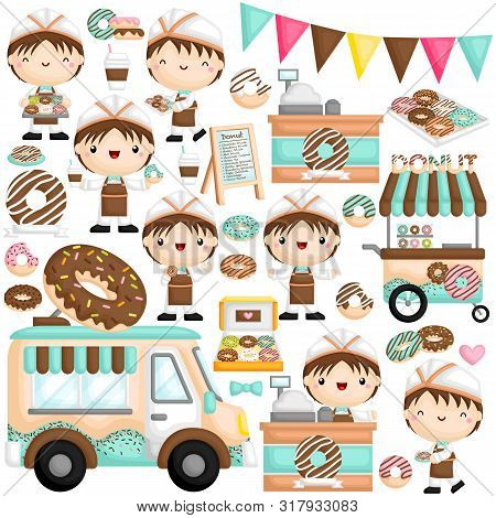 A Vector Of Cute Little Boy Selling And Serving Donut In Various Poses With Other Items