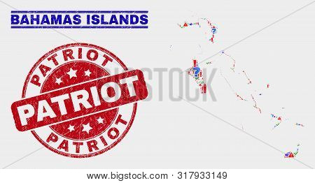 Sign Mosaic Bahamas Islands Map And Seal Stamps. Red Rounded Patriot Textured Seal Stamp. Colored Ba