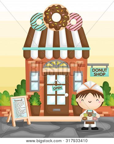 A Vector Of Cute Little Boy Selling Donut In Front Of A Classic Donut Shop