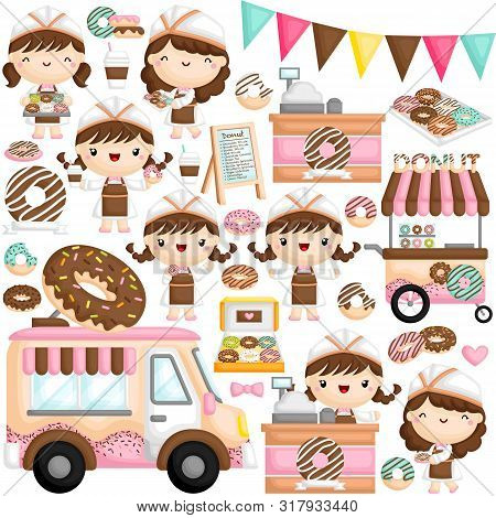 A Vector Of Cute Little Girl Selling And Serving Donut In Various Poses With Other Items