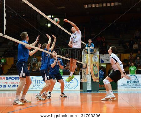 KAPOSVAR, Ungarn - 16 marts: Balint Magyar (hvid 6) i aktion på en ungarsk mesterskab volleyba