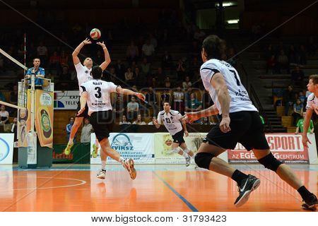 KAPOSVAR, Ungarn - 16 marts: Balint Magyar (med bold) i aktion på en ungarsk mesterskab volley