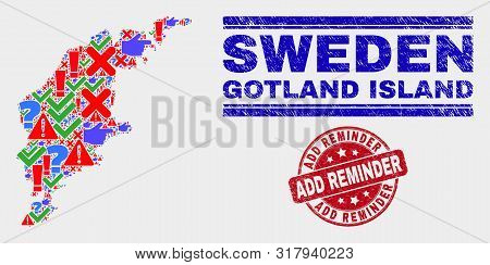Sign Mosaic Gotland Island Map And Seal Stamps. Red Rounded Add Reminder Distress Seal Stamp. Colore