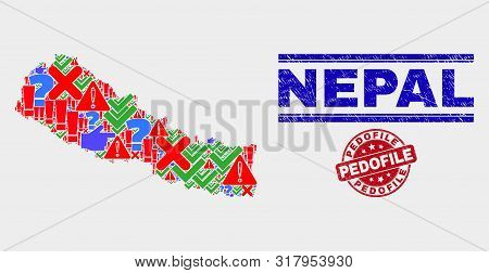 Sign Mosaic Nepal Map And Seals. Red Round Pedofile Scratched Seal Stamp. Colored Nepal Map Mosaic O