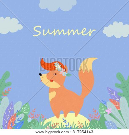 Cute Hippie Fox In Flower Wreath Stand On Sunny Field Among Plants And Leaves In Rainy Summer Day Ca