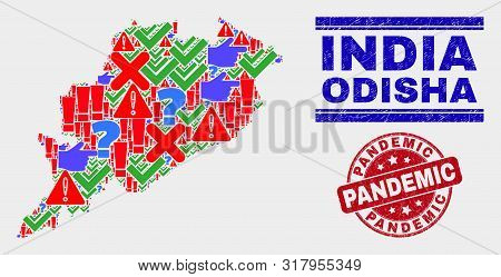Symbolic Mosaic Odisha State Map And Seal Stamps. Red Round Pandemic Scratched Seal. Colored Odisha 