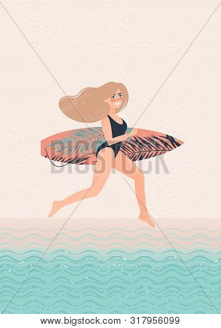 Happy Young Blonde Woman With A Surf Runs Along The Beach Near The Sea. Illustration In Flat Style. 