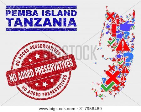 Sign Mosaic Pemba Island Map And Seal Stamps. Red Round No Added Preservatives Scratched Seal. Brigh