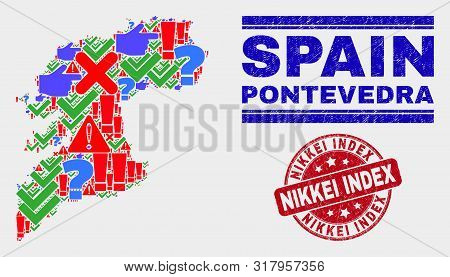 Symbol Mosaic Pontevedra Province Map And Stamps. Red Rounded Nikkei Index Grunge Seal. Colorful Pon