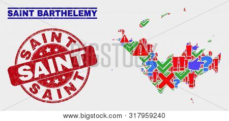 Symbolic Mosaic Saint Barthelemy Map And Seal Stamps. Red Round Saint Scratched Seal Stamp. Bright S
