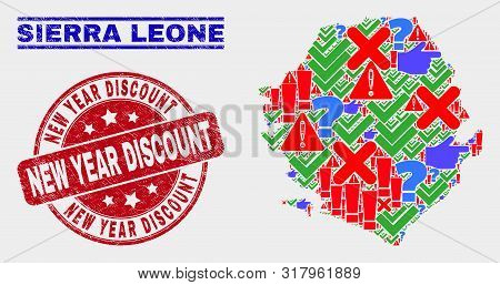 Symbol Mosaic Sierra Leone Map And Seal Stamps. Red Round New Year Discount Distress Seal. Colored S
