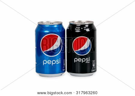 Riga, Latvia - August 19, 2019 : 330ml Pepsi With Sugar And No Sugar Can Isolated On White Backgroun