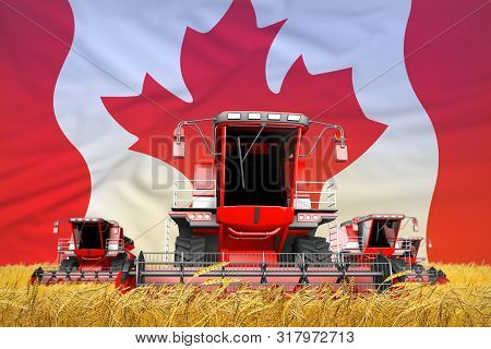 Industrial 3d Illustration Of Four Bright Red Combine Harvesters On Wheat Field With Flag Background