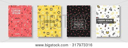 Trendy Colorful Brochure Set With Geometric Shapes, Memphis Design - Fashion Retro Styly 80-90s. Cre