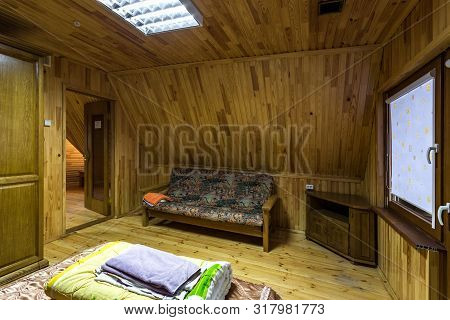 Grodno, Belarus -  August 2019: Living Bedroom On Attic Of Wooden Vacation Eco House