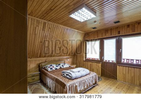 Grodno, Belarus -  August 2019: Living Bedroom On Attic Of Wooden Vacation Eco House