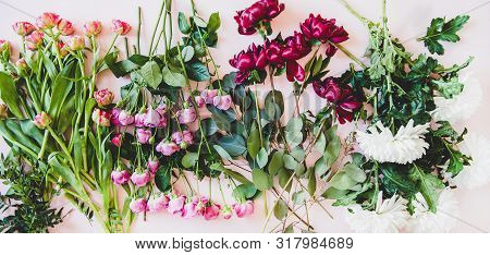 Flat-lay Of Purple Peonies, Pink Roses, Tulips, White Chrisanthemums