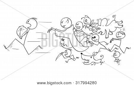Vector Cartoon Stick Figure Drawing Conceptual Illustration Of Man Holding A Pillow Running Away Cha