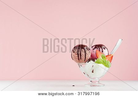 Ice Cream Balls Different Color - Pink, Brown, White With Chocolate Sauce, Mint, Spoon, Strawberry S